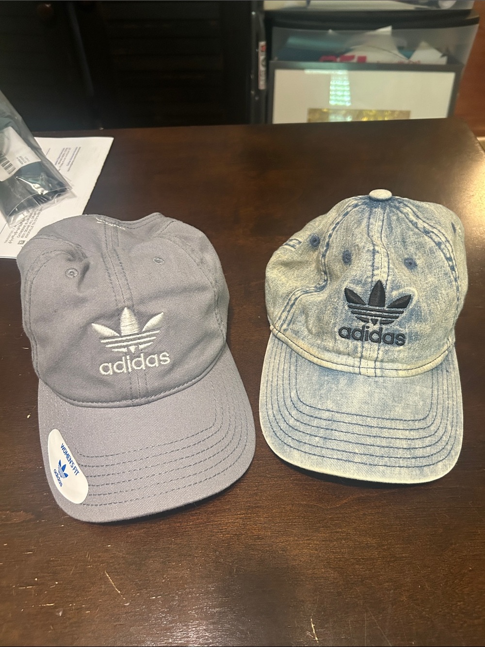 2 adidas Trefoil Caps in Gray and Light Denim Wash